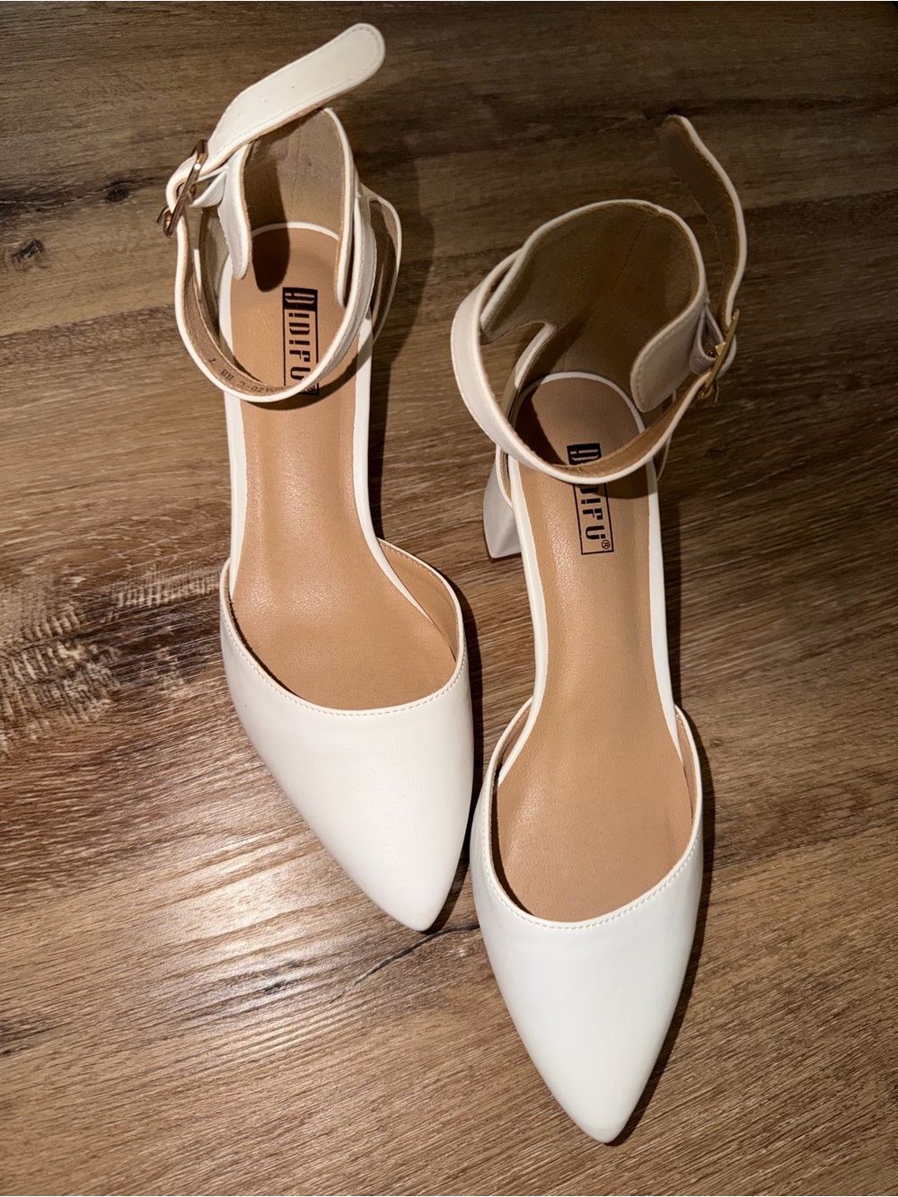 White Pointed Ankle-Strap Heels with Gold Buckle